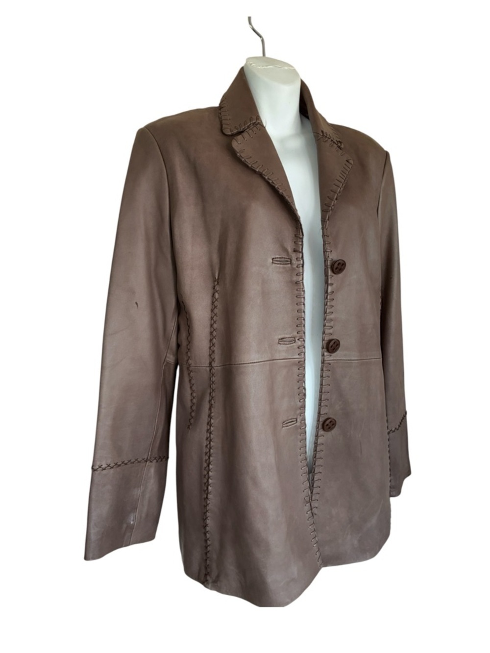 Jones New York Leather Jacket Woman, L, Taupe, EUC, Decorative Stitching, Soft